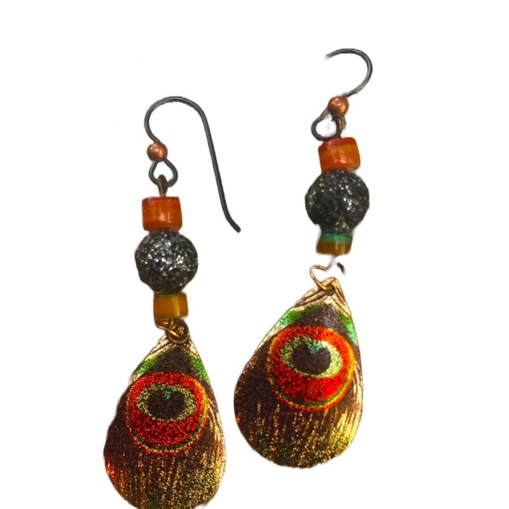 Butterfly wings/BlackLava/Shell earrings. Handmade - Picture 2 of 3